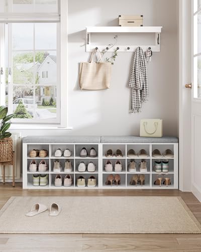 Hzuaneri Shoe Storage Bench with Cushion, Entryway Storage Bench with 18 Cubbies, 9.5" Widened Organizer Cabinet, Long Cubby Rack for Living Room, Bedroom, Entryway, White SB25703GY | 9.5" Widened Organizer Cabinet, large Cubby Shoe Rack for Living Room,