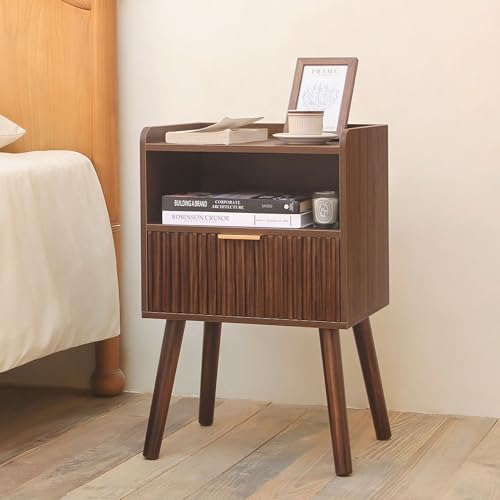 Night Stand, Mid Century Modern Nightstand with Fluted Drawers and Open Shelf, Small Accent Bedside Table for Bedroom, Living Room, and Small Spaces (Walnut Brown) - color: Walnut Brown