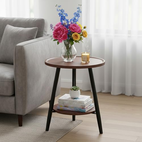 ShellKingdom Small Round Side Table, 2 Tier Wood End Table for Indoor Outdoor Bedroom Living Room Home Office Nightstand with Metal Frame (Walnut)
