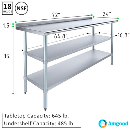 AmGood Stainless Steel Work Table with 1.5" Backsplash and 2 Shelves | Metal Kitchen Food Prep Table | NSF (72" Long x 24" Deep) - size: 72" Long x 24" Deep