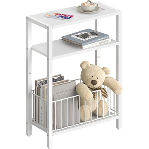 Yoobure Narrow Side Table with Storage Basket, Small End Table for Small Spaces, Skinny Side Tables Living Room Bedroom Office, Slim Nightstand 3 Tier Bedside Table Space-Saving for Magazine, White - color: White