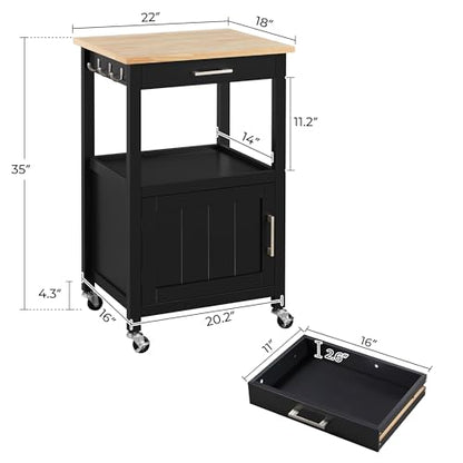 Yaheetech Kitchen Island Cart with Storage, Rolling Kitchen Island on Wheels with 6 Side Hooks, Wood Top Microwave Cart with Drawer for Dining Room, Black - color: Black