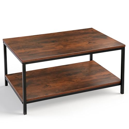 SUPER DEAL 2-Tier Industrial Coffee Table with Storage Shelf for Small Apartment Living Room, Rectangle Wood and Stable Metal TV Stand Side End Table, Rustic Brown - color: Rustic Brown, size: 31.5in