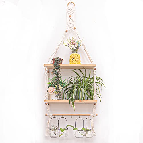 TENEWEE Boho Macrame Wall Hanging Shelf with Hooks for Bedroom | Handmade Woven, Space Saving For Rental Apartments, Easy Hanging, Plant & Book Display, Bedroom, Kitchen, Bathroom, Dorm - size: 2tier shelves