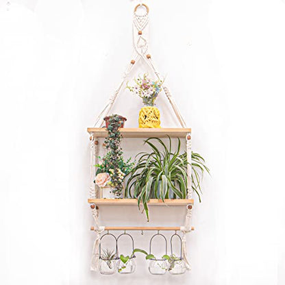 TENEWEE Boho Macrame Wall Hanging Shelf with Hooks for Bedroom | Handmade Woven, Space Saving For Rental Apartments, Easy Hanging, Plant & Book Display, Bedroom, Kitchen, Bathroom, Dorm - size: 2tier shelves