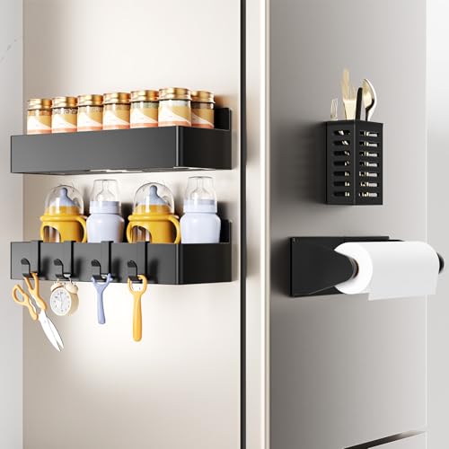 Magnetic Spice Rack for Refrigerator,4 Pack Magnetic Shelf,Fridge Magnet Organizer with Paper Towel Holder and Utensils Racks,Fridge Organizers and Storage Black(4 Pack) - color: Black, size: 4 Pack