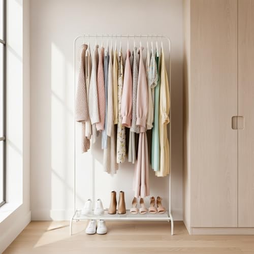 Small White Clothing Rack, Freestanding Metal Garment Rack with Bottom Shelf, Stable Clothes Rack for Small Spaces, Bedroom, Dorm, Apartment, 92LBS Capacity - color: White /1-Unit