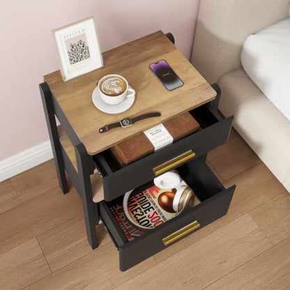 Nightstand with 2 Drawers and Open Shelf Wooden Bedside Table Gold Handles Modern Storage Night Stand Sensor Light for Bedroom, Black and Brown - color: Black and Brown