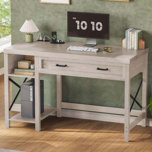SEDETA Farmhouse Small Desk with Drawers, 40" Computer Desk with Storage Shelves, Writing Desk for Small Space and Power Outlet, Desk for Bedroom, Home Office, Mahogany Grey - color: Mahogany Grey