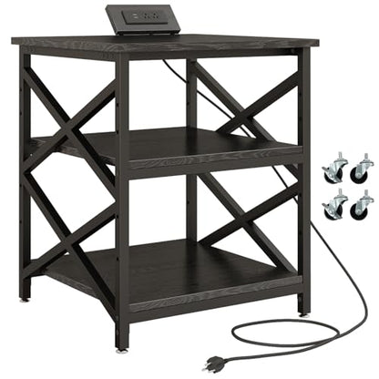 METYERRY Large Printer Stand with Power Outlet, with Height Adjustable Storage Shelf, 3 Tier Rolling Printer Cart with Industrial Wheels, 23.6 x 23.6 Inches Printer Table for Home Office,Black - color: Black