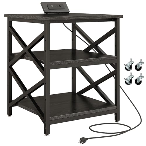 METYERRY 23.6"x23.6" Large Printer Stand with Power Outlet, 3 Tier Cart | Adjustable Shelf, Fits 3D Printers, Laser Printers and Heat Press, 200 lbs Heavy Duty, Industrial Wheels, Home Office - color: Black