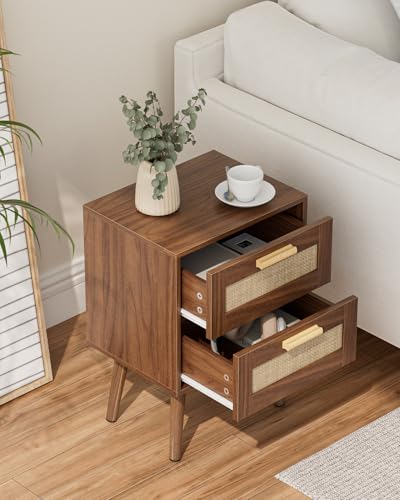 Masupu Rattan Night Stand, Modern nightstand Boho Bedside Table with 2 Drawer, Small End Side Table for Bedroom, Living Room, Office, Walnut - color: Walnut