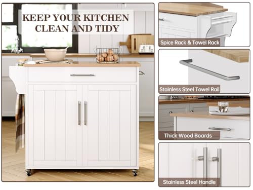 Kitchen Storage Island, Wooden Rolling Kitchen Island On Wheels with Countertop, Mobile Kitchen Island Cart with Towel Rack, Spice Rack and Drawers, White - color: White