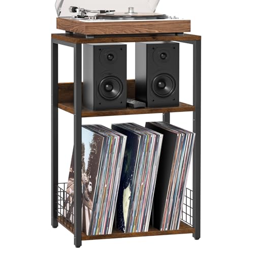 LELELINKY Large Brown Record Player Stand, 3 Tier 18" Wide Big End Table with Vinyl Storage Up to 130 Albums, Industrial Turntable Printer Tables, Modern Side Tables for Living Room, Bedroom, Office - color: Brown, size: Large