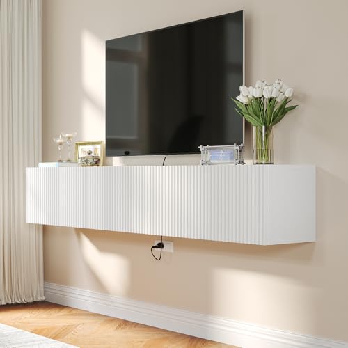 Floating TV Stand with 3 Doors,55IN Wall Mounted TV Cabinet,Floating Media Console Slatted Entertainment Center with Storage,Under TV Shelf for Bedroom Living Room,White - color: White, size: 55IN
