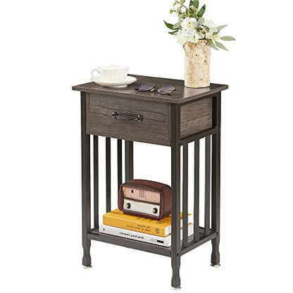VECELO Nightstands, Industrial Side/End Tables with Drawer and Storage Shelf, Night Stands for Bedroom, Living Room, Wood Metal Furniture, Easy Assembly, 1 Pack, Grey