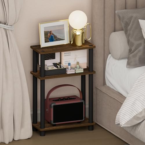 Furinno Turn-N-Tube Narrow Night Stand, 3-Tier Rectangular Nightstand with Storage Shelf, Slim Toolless Bedside Table, End Table, Side Table, for Bedroom, Closet, Dorm, Amber Pine - color: Amber Pine/Black