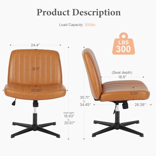 OLIXIS Criss Cross Office Chair, Vanity Chair, Home Office Desk | Wide Seat, Height Adjustable, PU Leather Padded, Armless No Wheels, Bedroom, Study Room, Brown Dual Base - color: Brown Dual Base