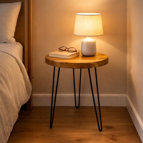 Round Live Edge Wood End Table, 14" Small Natural Wood Side Table with Hairpin Legs, Rustic Modern Nightstand, Small Wood Coffee Table for Living Room Bedroom Office - size: 14" L x 14" W x 17" H