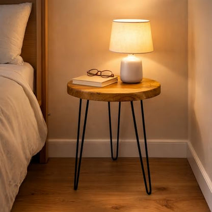 Round Live Edge Wood End Table, 14" Small Natural Wood Side Table with Hairpin Legs, Rustic Modern Nightstand, Small Wood Coffee Table for Living Room Bedroom Office - size: 14" L x 14" W x 17" H