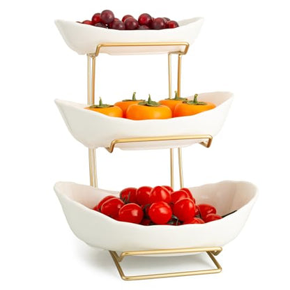 YYW 3 Tier Fruit Bowl for Kitchen Counter, White Gold Ceramic Fruit Stand for Countertop, Home Fruit Rack with Holder, Vegetable Bowl Snacks Nuts Bread Candy Storage (White) - color: White