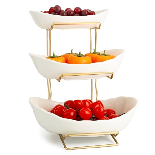 YYW 3 Tier Fruit Bowl for Kitchen Counter, White Gold Ceramic Fruit Stand for Countertop, Home Fruit Rack with Holder, Vegetable Bowl Snacks Nuts Bread Candy Storage (White) - color: White