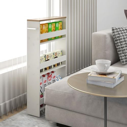 Slim Rolling Storage Cart, 4-Tier Kitchen Utility Carts on Wheels, Wood Shelving Unit Organizer Trolley with Handle, 5” Width Narrow Cart for Small Spaces, Laundry, Bathroom (White & Natural)