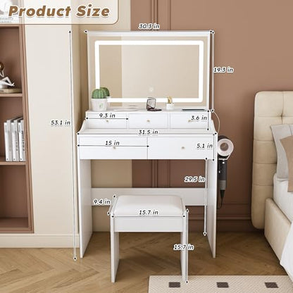 Vanity Desk with Large Mirror and Stool, Makeup Table with LED Lighted - 3 Color Models, Makeup Desk with 5 Drawers & Power Outlet & Hair-dryer Holder, Dressing Makeup Table for Home Apartment