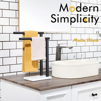 KOKOSIRI Hand Towel Racks Stand Towel Holder 2-Tier with Marble Base for Bathroom Vanity Countertop, Matte Black Stainless Steel 15.7'' Height THS0007-BK - color: Matte Black, size: 2-Bar