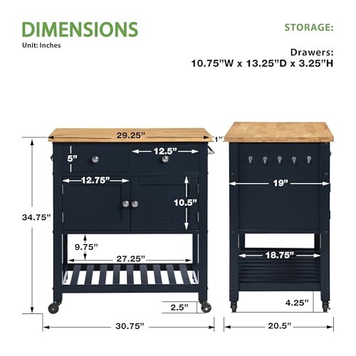 OSP Home Furnishings Stirling Farmhouse Kitchen Cart, Rolling Storage Cabinet with Drawers, Shelf, 5 Utility Hooks, Dark Blue with Natural Wood Top