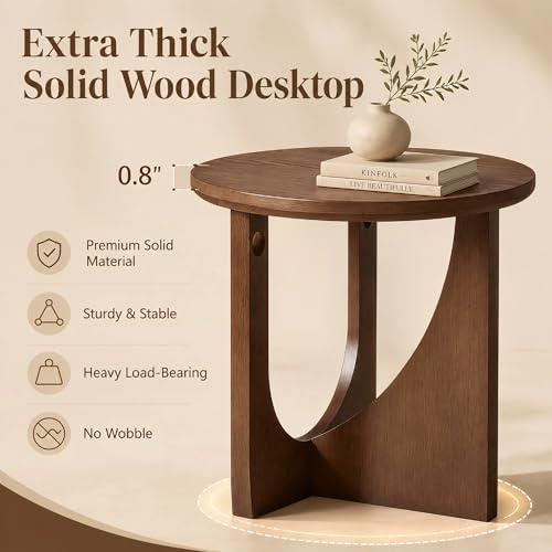 100% Solid Wood Round Side Table, 19.7'' Walnut Brown Small End Table, Sofa Side Table with Sculptural Curved Base, Minimalist Accent Table for Living Room, Bedroom, Reading Nook