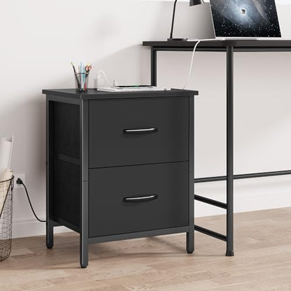Vagusicc Nightstand with Charging Station, Bedside Table with USB Ports and Outlet, End Table Side Table with 2 Fabric Drawers for Bedroom, Living Room, Black - color: Black (1 Pack)