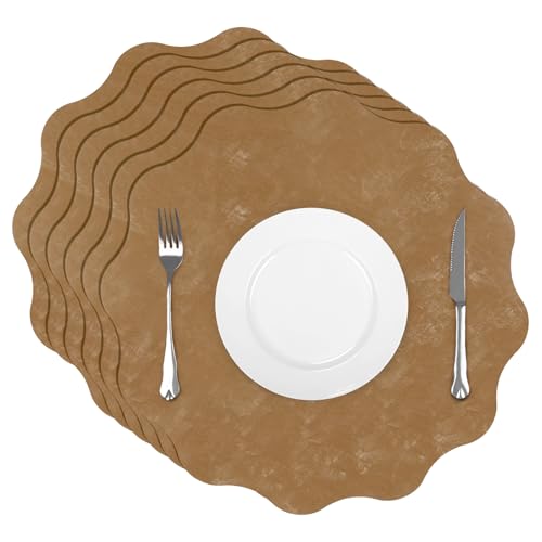 comfoyar Faux Leather Flower Shaped Placemats Set of 6, 13.5 Inch Heat Resistant Dual-Sided Light Brown Imitation Velvet Place Mats, Waterproof Wipeable Table Mats for Kitchen Dining Party Decoration - color: Light Brown, size: 13.5x13.5 Inch