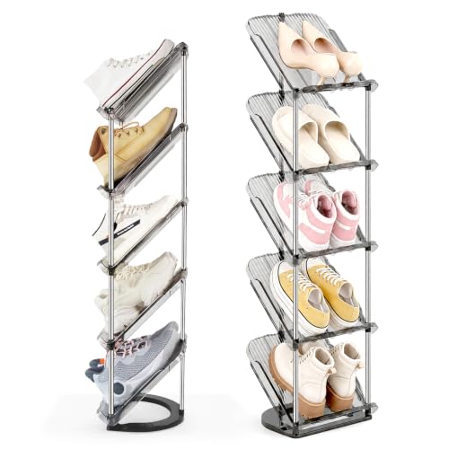 Patinao 2 Pack Sloping Narrow Shoe Rack 5 Tiers - Free Standing Vertical Shoes Racks for Small Spaces and Corner, Shoe Storage Organizer for Entryway, Tall Slim Shoe Shelf Cabinet for Shoes and Boots - color: Clear, size: 5 Tier * 2 Pack