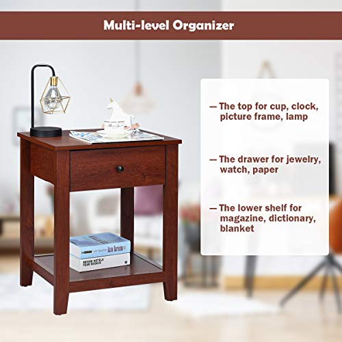 Giantex Nightstand Set of 2, Wooden 2-Tier End Table with Drawer and Storage Shelf, Versatile Bedside Tables, Modern Side Table for Bedroom, Living Room, Small Spaces, Easy Assembly, Walnut