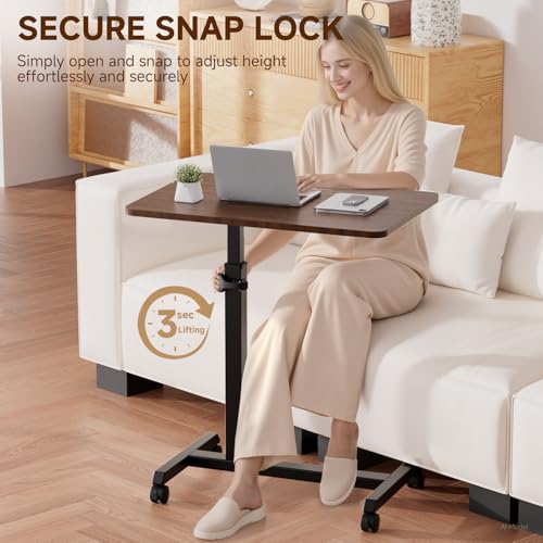 GTPLAYER Small Standing Desk, 24 Inches Foldable Mobile Rolling Laptop PC Table with Lockable Casters, Adjustable Height Overbed Bedside Table Computer Workstation for Home Office, Walnut-Foldable - color: Walnut-foldable