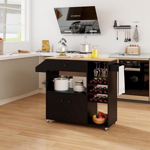 Giantex Rolling Kitchen Island Cart with Drop Leaf, Power Outlet, Spice Rack, 12 Wine Rack, Glass Holder, Drawer, Storage Cabinet, Towel Rack, Island Table for Breakfast Coffee Bar (Black & Natural) - color: Black & Natural