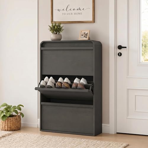Garvee Shoe Cabinet with 3 Flip Drawers, Modern Narrow Shoe Storage Cabinet Organizer with Adjustable Shelf, 46" Tall Hidden Freestanding Shoe Rack Cabinet for Entryway, Hallway, Rustic Black - color: Rustic Black