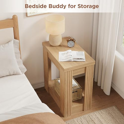 Maupvit Narrow Wood End Table for Living Room, 2-Tier Small Slim Side Table with Storage Shelf, Modern Fluted Nightstand for Bedside, Small Spaces, Living Room, Bedroom, Oak, Set of 2 - color: Oak