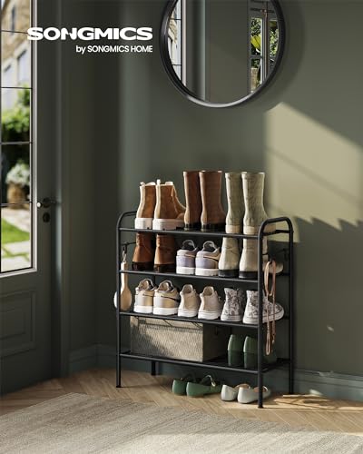 SONGMICS Shoe Rack, 4-Tier Shoe Organizer, Metal Shoe Shelf Storage with 4 Side Hooks, Holds 15 Pairs of Shoes, Height-Adjustable Shoe Rack for Entryway, Hallway, Closet, Ink Black ULMR069B01 - size: 4 Tiers (26.7"W)