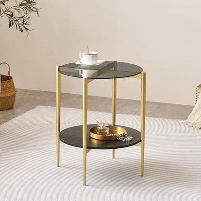 LumFurn Round Glass End Table, Mid-Century Modern Design Sofa Table for Living Room, D18 x H23 in, 2-Tier Structure, Grey Glass Top and Black Marble Shelf, Sleek Conical Legs with Gold Finish Frame - color: Grey & Black Marble, size: D18" Round End Table