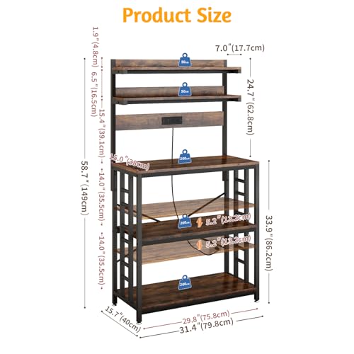 METYERRY Adjustable Bakers Rack with Power Outlet,Coffee Bar Station with Led Lights,Microwave Stand with Storage,5-Tier Kitchen Shelf,Kitchen Storage Rack for Spices, Pots and Pans,Rustic Brown - color: Rustic