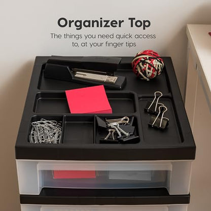 IRIS USA Plastic Drawer Storage Organizer Rolling Cart, with Wheels Casters, 6-Drawers, for Classroom Art Craft Supplies Dresser Closet Bathroom Laundry Room, Black/Clear