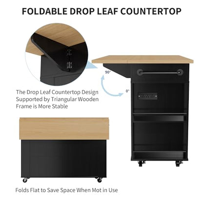 IDEALHOUSE Rolling Kitchen Island with Drop Leaf Countertop, Charging Station & Ample Storage - 47.2" Mobile Kitchen Cart On Wheels with Pull-Out Shelves, Drawers, Spice Rack & Organizer Divider