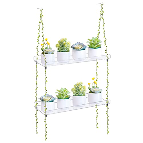 Sumerflos Acrylic Window Boxes Window Plant Shelves 2 Tier - Clear Hanging Shelf Indoor Jute Twine Adjustable Plant Holder for Window Wall Living Room Balcony Natural - color: Clear-twine, size: 2-Tier