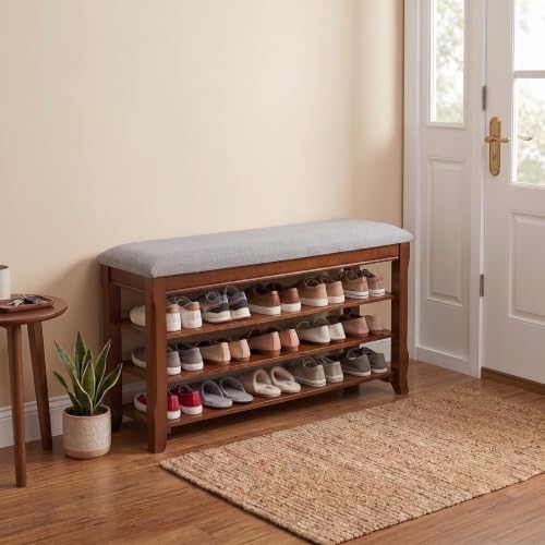 Solid Wood Shoe Bench, 47.2'' Shoe Rack for Entryway Storage | 550 lbs Max Load, Flip-Top Soft-Close Lid, Adjustable Shelves, Cushioned Entryway Shoe Rack Organizer, Tool-free Assembly - size: 47.2''