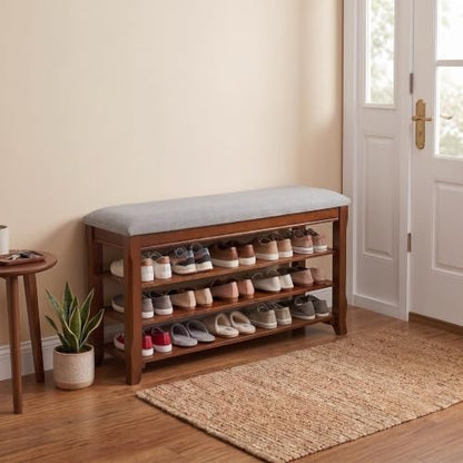 Solid Wood Shoe Bench, 47.2'' Shoe Rack for Entryway Storage | 550 lbs Max Load, Flip-Top Soft-Close Lid, Adjustable Shelves, Cushioned Entryway Shoe Rack Organizer, Tool-free Assembly - size: 47.2''