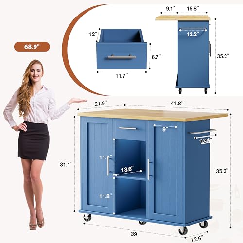 JY QAQA 42" Kitchen Island with Storage on Wheels, Rolling Table with Drop Leaf, Drawers, Cart Handle for Towel Rack or Free Movement, Blue - color: Blue