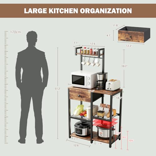 Kitchen Bakers Rack with Drawer,6 Tier Microwave Stand with Hooks | Adjustable Coffee Bar Station,Free Standing Bakers Rack with Storage,Kitchen Appliance Storage Shelf for Spices,Pots