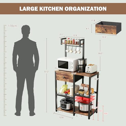 Kitchen Bakers Rack with Drawer,6 Tier Microwave Stand with Hooks | Adjustable Coffee Bar Station,Free Standing Bakers Rack with Storage,Kitchen Appliance Storage Shelf for Spices,Pots